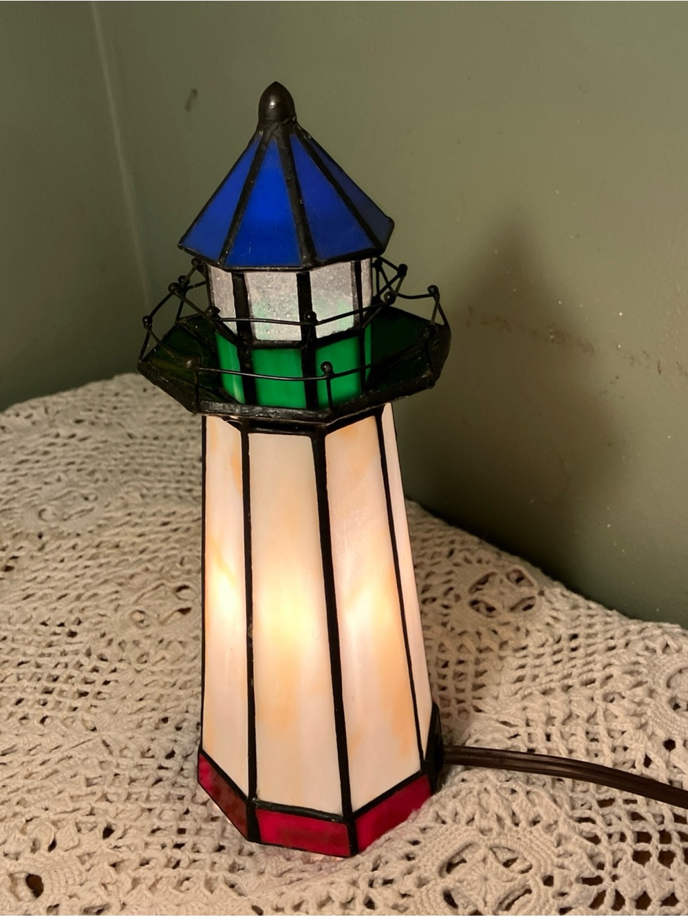 Lighthouse Lamp Stained Glass 10” White Blue Red Green